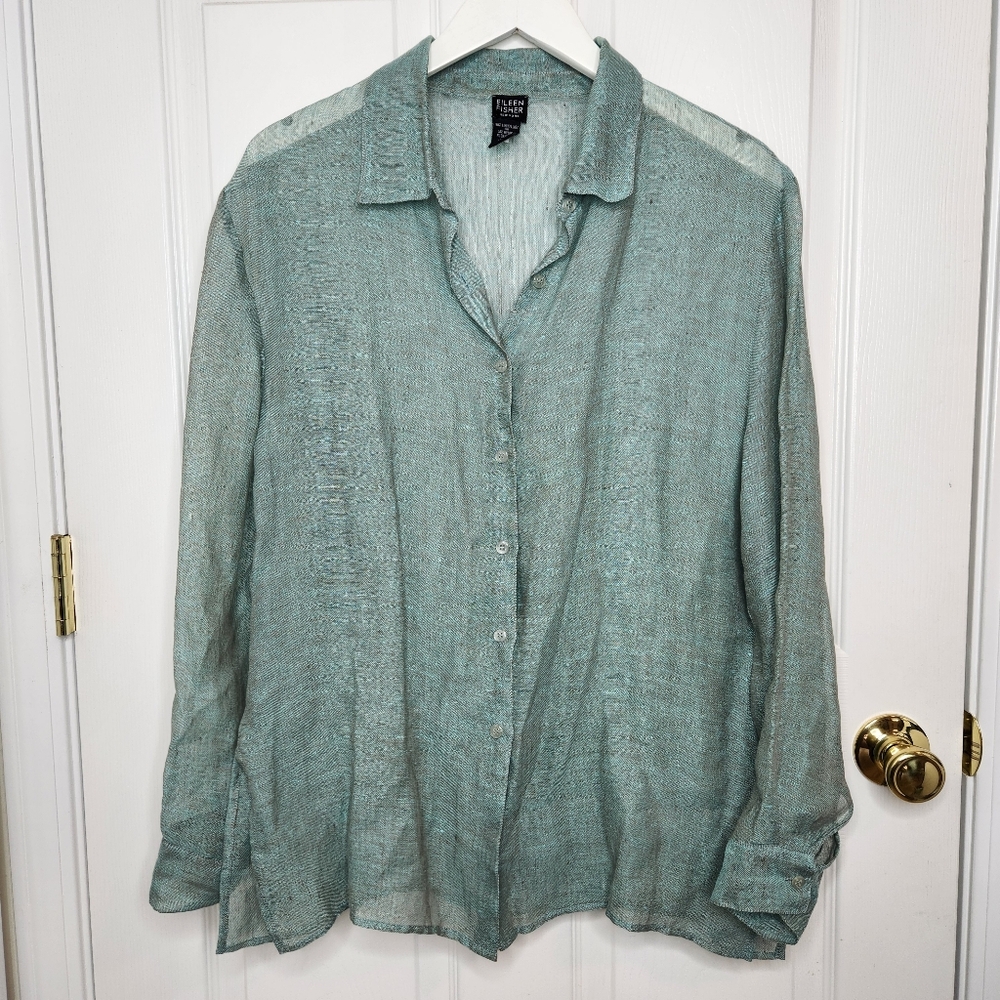 Eileen Fisher Sheer Button-Down Linen Shirt in Seafoam Green